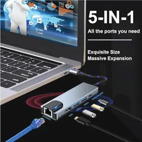 5 In 1 Type C Adapter Converter Hub To HDMI +USB + LAN