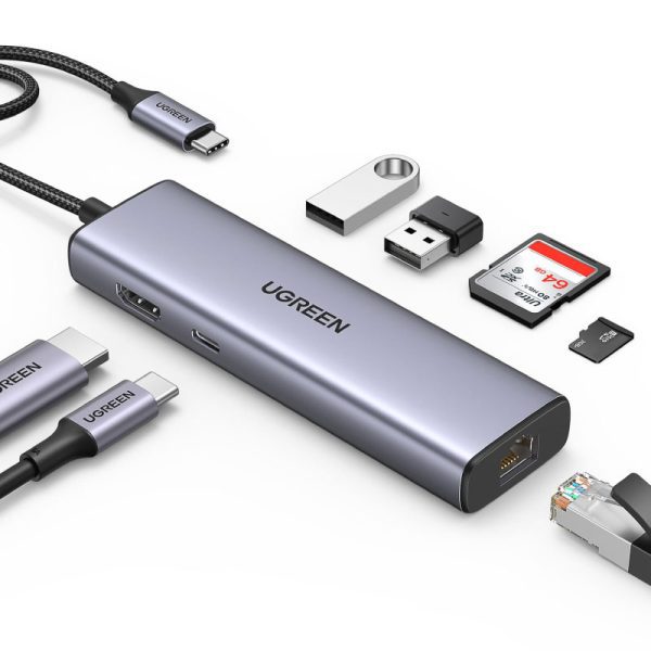UGREEN 7 in 1  Multifunction Adapter, USB-C To USB 3.0 A ( 2 port) + USB-C + 4K HDMI + SD & TF Card reader +PD Converter CM195 UG- 15214