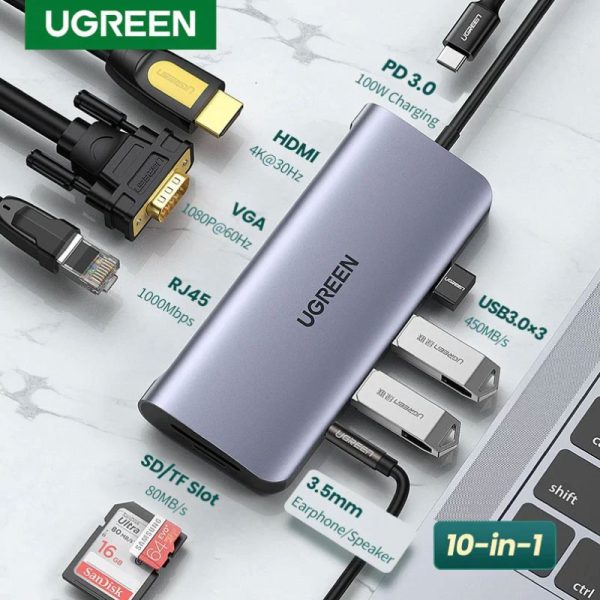 Ugreen 10-in-1 USB-C Multifunction Adapter, USB-C to USB3.0 ( 1 port) + USB2.0 ( 2 port) +USB-C 3.0 ( 1 port) + 4K HDMI ( 2 Port) + RJ45 Gigabit + SD & TF +PD port Converter CM639 UG- 15534