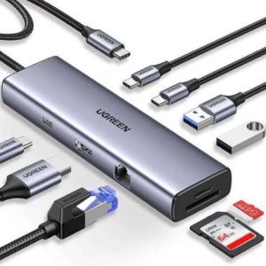 UGREEN 9-in-1 USB-C Hub with 4K HDMI, USB 3.0, Dual USB-C, RJ45, SD/TF Card Reader, and PD Charging – CM498