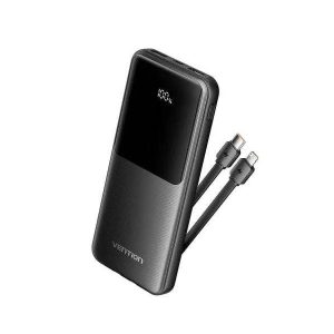 Vention 10000mAh Power Bank with Integrated USB-C & Lightning Cables, 22.5W Fast Charging, LED Display – Black