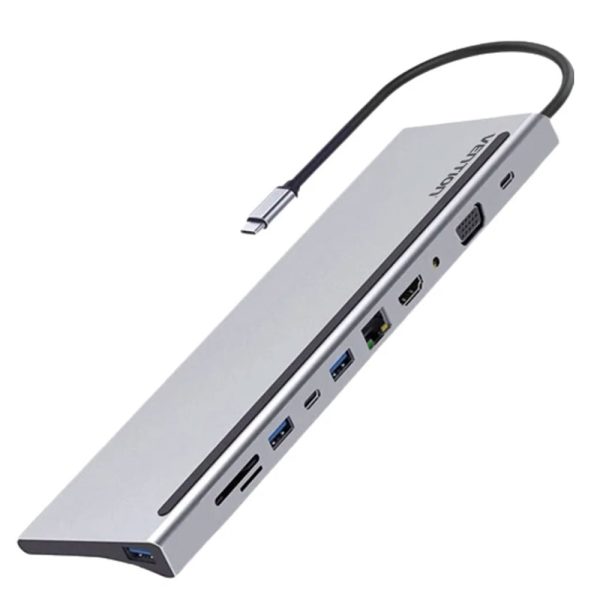 Vention  11 in 1 Multi-function USB-C to HDMI/VGA/USB-C Gen 1/USB 3.0x2/USB 2.0/RJ45/SD/TF/TRRS 3.5mm/PD Docking Station 0.25m Gray Metal Type THTHC