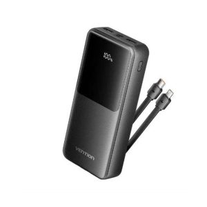 Vention 20000mAh Power Bank with Integrated USB-C & Lightning Cables, 22.5W Fast Charging, LED Display – Black (FHPB0)