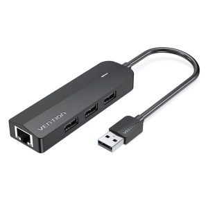 Vention 3-Port USB 2.0 Hub with 100M Ethernet Adapter 0.15M Black – Multi-Device Connectivity