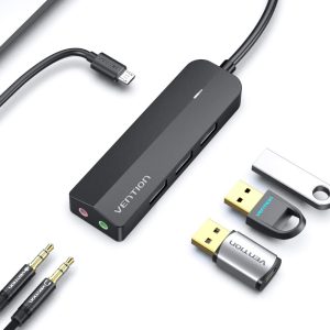 Vention 3-Port USB 3.0 Hub with Sound Card & Power Supply 0.15M Black – High-Speed Multi-Device Connectivity
