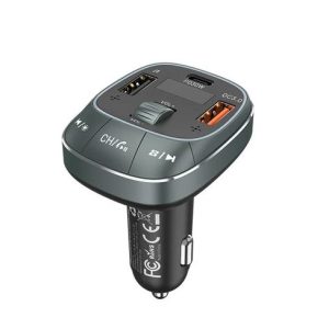 Vention 3-Port USB Car Charger with FM Transmitter – USB-C + Dual USB-A Fast Charging Adapter (30W/18W/5W, Black)