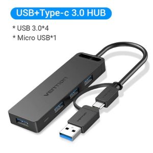 Vention 4-Port USB 3.0 Hub with USB-C & USB 3.0 2-in-1 Interface – Powered 0.15M
