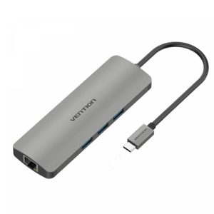 Vention USB-C 9-in-1 Multi-Function Docking Station – HDMI, USB 3.0, USB 2.0, RJ45, SD/TF, PD (Gray Metal, 0.1M)