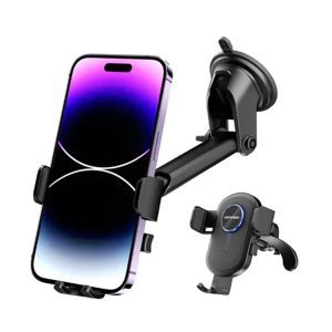 Vention One-Touch Clamping Car Phone Mount – Suction Cup & Air Vent Clip Holder (Black, Square Type)