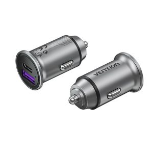 Vention Dual USB-A Car Charger 60W (30W+30W) – Mini Fast Charging Adapter, Gray Aluminum Alloy