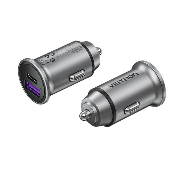 Vention Two-Port USB A+A(30+30) Car Charger Gray Mini Style Aluminium Alloy Type FFFHO