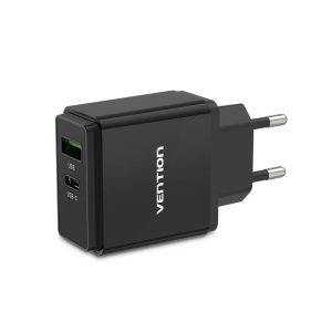Vention Dual-Port USB A+C Wall Charger 20W – Fast Charging Adapter with UK Plug (Black)
