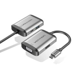 Vention USB-C Multiport Adapter 4-in-1 – HDMI, VGA, USB 3.0 & PD, 0.15M Gray Metal