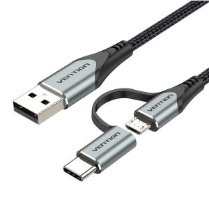 Vention USB-A to 2-in-1 Micro-B & USB-C Cable 0.5M Gray Aluminum Alloy – 3A Fast Charging