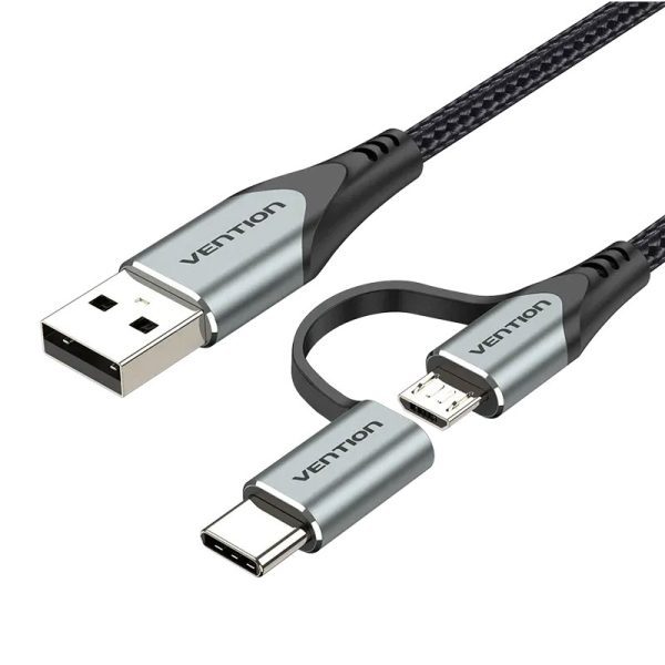 Vention USB 2.0 A Male to 2-in-1 Micro-B & USB-C Male 3A Cable 0.5M Gray Aluminum Alloy Type CQEHD