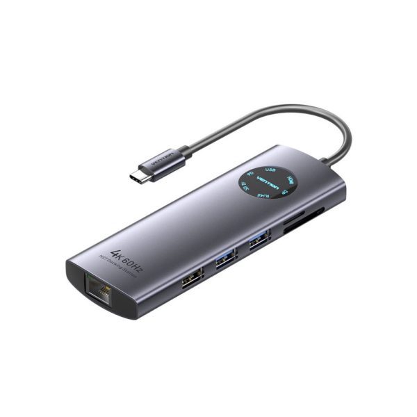 Vention USB C Multi-function 10 in 1  Docking Station  USB-C to HDMI/ VGA/USB3.0*2/USB2.0*2/RJ45/TF/SD/PD Docking Station 0.15M Gray Mirrored Surface Type TQWHB