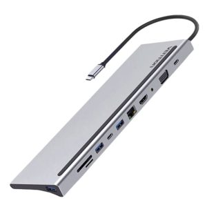 Vention USB-C 12-in-1 Multi-Function Docking Station – HDMI, DP, VGA, USB 3.0/2.0, RJ45, SD/TF, Audio, PD (Gray Metal, 0.25M)