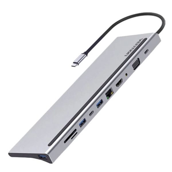 Vention USB C Multi-function 12 in 1  Docking Station, USB-C to DP/HDMI/VGA/USB-C Gen 1/USB 3.0x2/USB 2.0/RJ45/SD/TF/TRRS 3.5mm/PD 0.25m Gray Metal Type THSHC