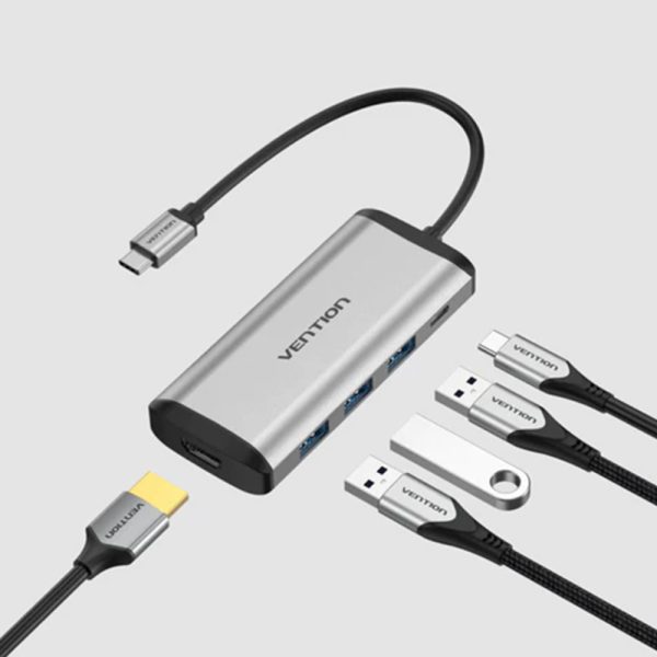 Vention USB C Multi-function 5 in 1  Docking Station Type-C to HDMI/USB3.0*3/PD Converter 0.15M Gray Metal Type CNBHB