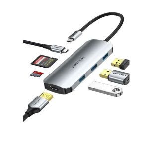 Vention USB-C 7-in-1 Multi-Function Docking Station – HDMI, USB 3.0, SD/TF, PD (Gray Aluminum, 0.15M)