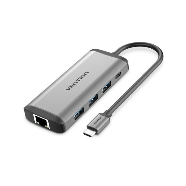 Vention USB C Multi-function 8 in 1  Docking Station Type-C to HDMI/USB3.0*3/RJ45/TF/SD/PD Converter 0.15M Gray Metal Type ( 87W) CNDHB