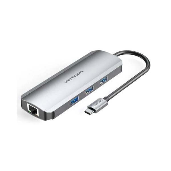 Vention USB C Multi-function 8 in 1  Docking Station  to HDMI/USB3.0x3/RJ45/SD/TF/PD Docking Station 0.15M Gray Aluminum Alloy Type (100w) TOKHB