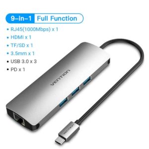 Vention USB-C 9-in-1 Multi-Function Docking Station 100W – HDMI, USB 3.0, RJ45, SD/TF, 3.5mm, PD (Gray Aluminum)