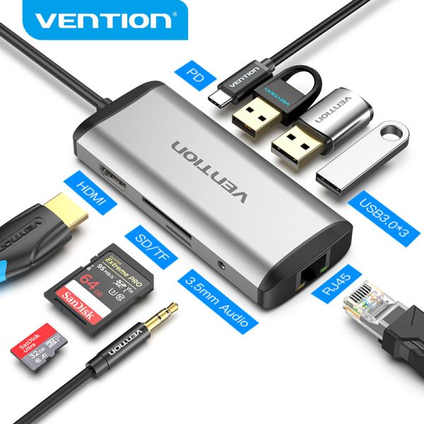 Vention USB C Multi-function 9 in 1  Docking Station  Type-C to HDMI/USB3.0*3/TF/SD/RJ45/3.5mm/PD Docking Station 0.15m Gray Metal Type ( 87W) THAHB
